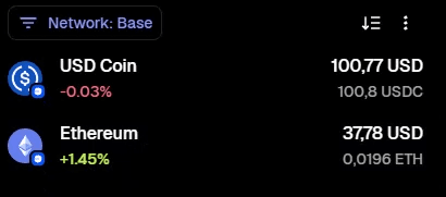 MetaMask Base asset list showing USDC and ETH balances