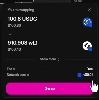 Uniswap review screen for swapping USDC into wL1