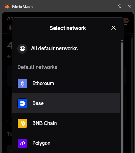 MetaMask network selector showing Base among the available networks